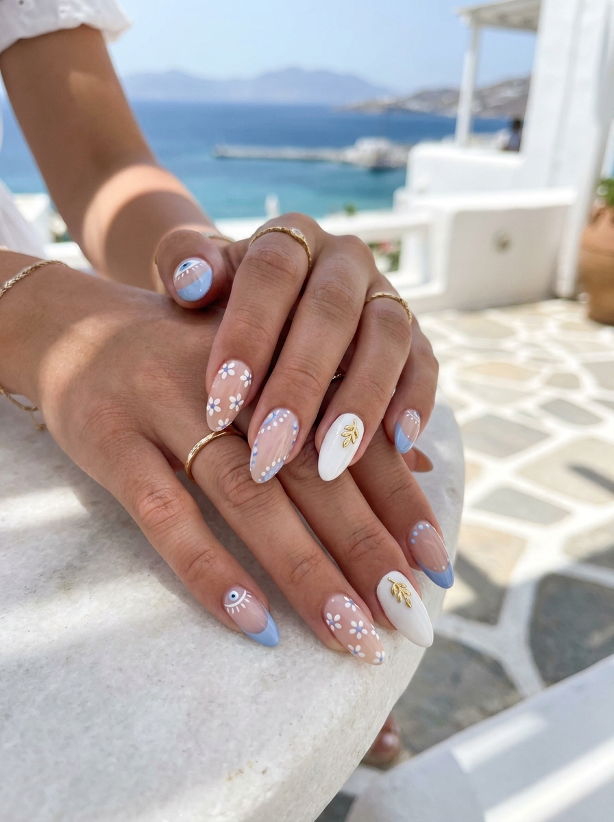 Greek Island Nails mit Blau, Weiß, Gold und mediterranen Details